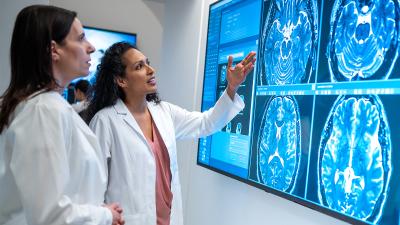 Two health care professionals looking at MRI data on a screen